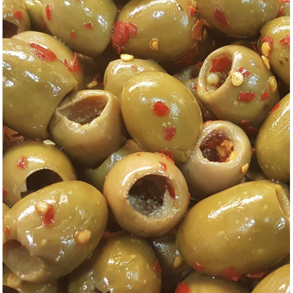 Marinated Pitted Green Olives With Harissa & Lemon Zest 300g